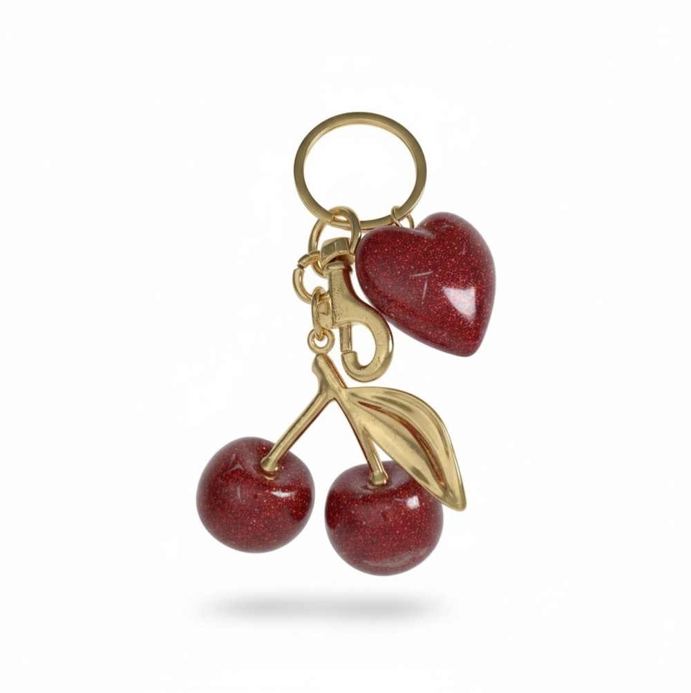 Red Cherry Keychain with Heart Charm - Picture 2 of 7